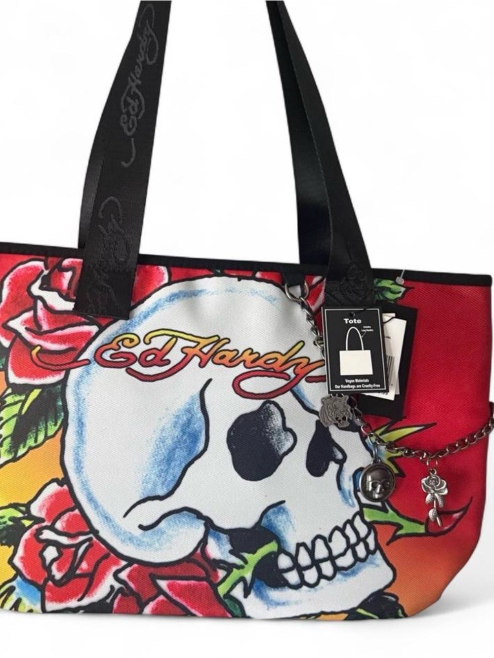 Ed Hardy Red & Multicolor Skull and Roses Tote